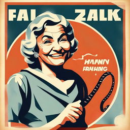 Create a vintage movie poster featuring an old lady smiling while holding a whip in her right hand