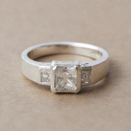 A sterling silver square engagement ring subtly etched with the name 'Yujin'.