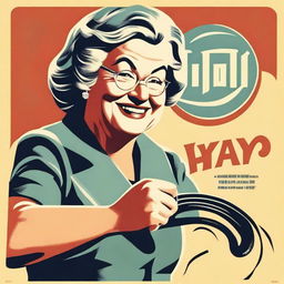 Create a vintage movie poster featuring an old lady smiling while holding a whip in her right hand