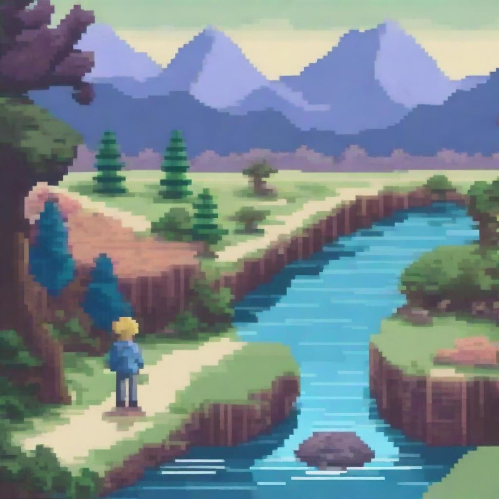 A serene landscape with a character walking and appreciating the view