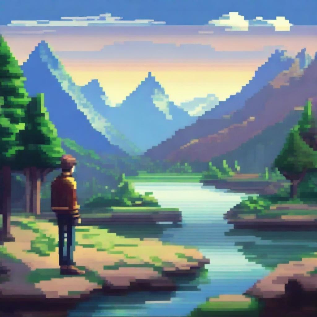 A serene landscape with a character walking and appreciating the view