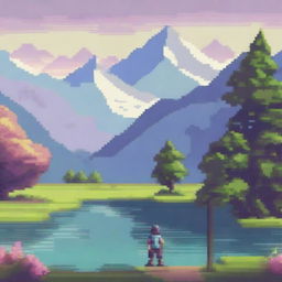 A serene landscape with a character walking and appreciating the view