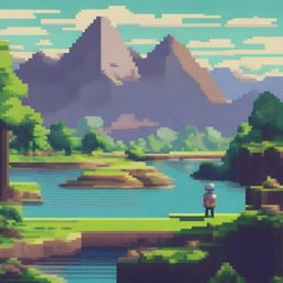 A serene landscape with a character walking and appreciating the view