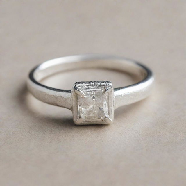 A sterling silver square engagement ring subtly etched with the name 'Yujin'.