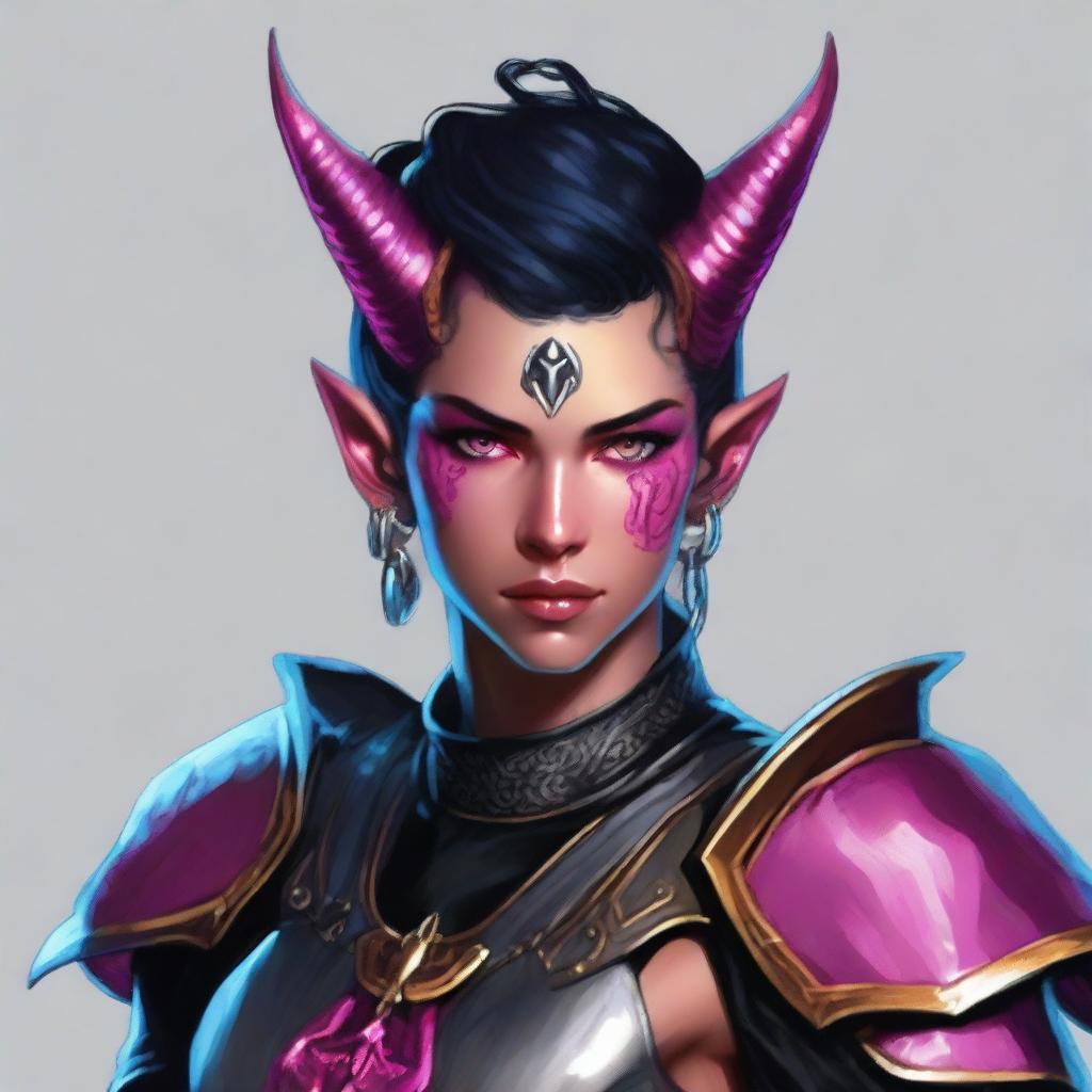 A 25-year-old tiefling warrior from Dungeons & Dragons with carmine pink skin, medium-sized grey horns from the forehead, heterochromia with a blue iris in the right eye and a red iris in the left eye, a scar on the right eye, short black hair with silver accents, wearing black leather armor with gold adornments, and a black cape with wolf fur on the collar