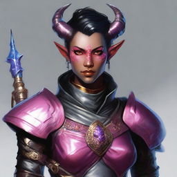 A 25-year-old tiefling warrior from Dungeons & Dragons with carmine pink skin, medium-sized grey horns from the forehead, heterochromia with a blue iris in the right eye and a red iris in the left eye, a scar on the right eye, short black hair with silver accents, wearing black leather armor with gold adornments, and a black cape with wolf fur on the collar