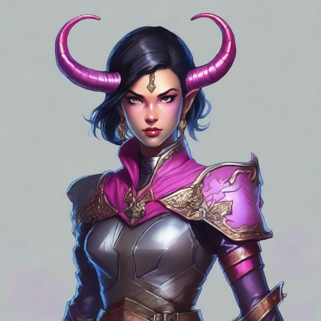 A 25-year-old tiefling warrior from Dungeons & Dragons with carmine pink skin, medium-sized grey horns from the forehead, heterochromia with a blue iris in the right eye and a red iris in the left eye, a scar on the right eye, short black hair with silver accents, wearing black leather armor with gold adornments, and a black cape with wolf fur on the collar