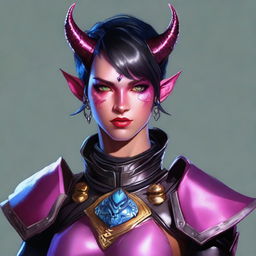 A 25-year-old tiefling warrior from Dungeons & Dragons with carmine pink skin, medium-sized grey horns from the forehead, heterochromia with a blue iris in the right eye and a red iris in the left eye, a scar on the right eye, short black hair with silver accents, wearing black leather armor with gold adornments, and a black cape with wolf fur on the collar