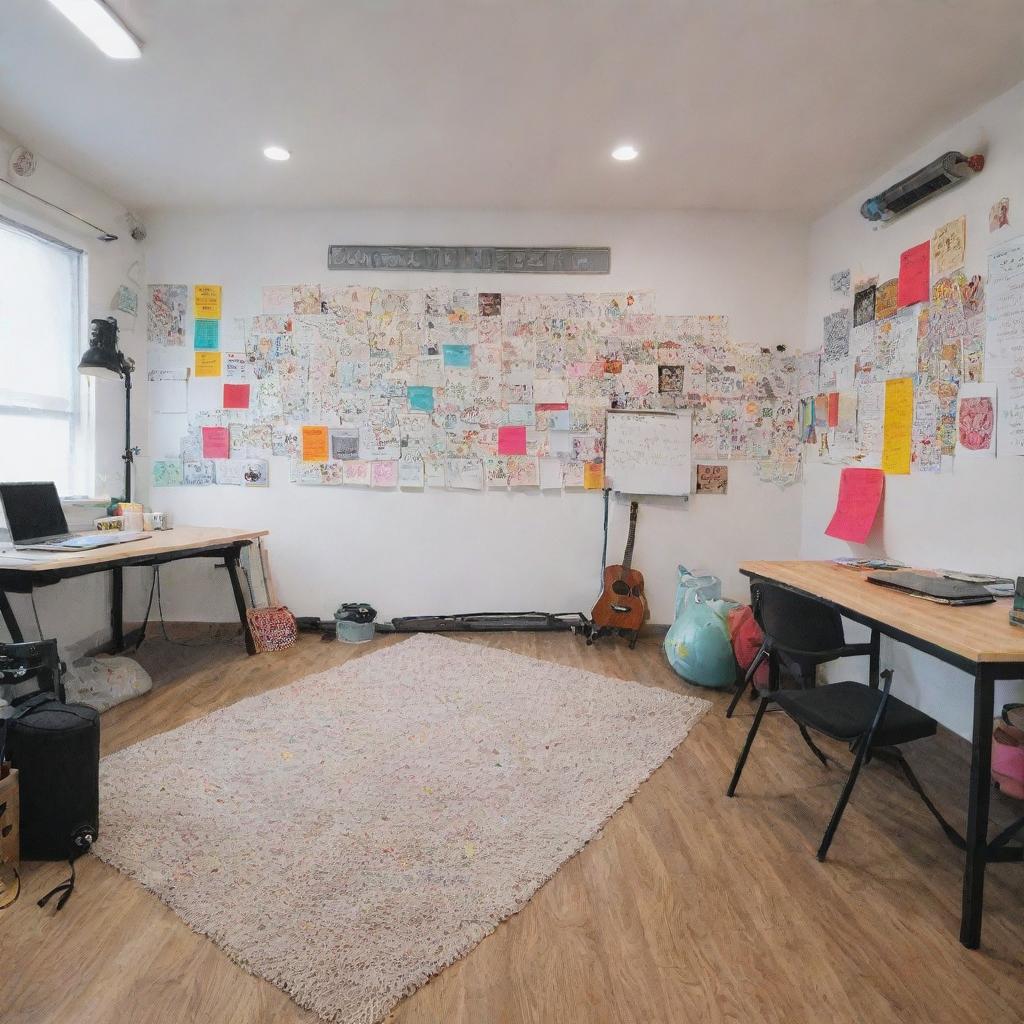 A lively content creator studio with a large whiteboard wall holding 'Lastborn' inscription. The room is filled with colorful accents, motivational quotes plastered on every side, and a corner dedicated to a professional camera and lighting setup ready to record.