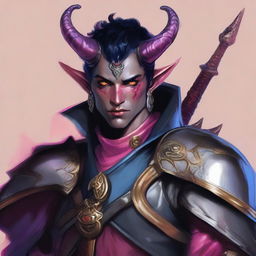 A 25-year-old male tiefling warrior from Dungeons & Dragons with carmine pink skin, medium-sized grey horns from the forehead, heterochromia with a blue iris in the right eye and a red iris in the left eye, a scar on the right eye, short black hair with silver accents, wearing black leather armor with gold adornments, a black cape with wolf fur on the collar, and carrying a longbow