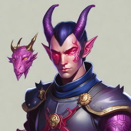 A 25-year-old male tiefling warrior from Dungeons & Dragons with carmine pink skin, medium-sized grey horns from the forehead, heterochromia with a blue iris in the right eye and a red iris in the left eye, a scar on the right eye, short black hair with silver accents, wearing black leather armor with gold adornments, a black cape with wolf fur on the collar, and carrying a longbow