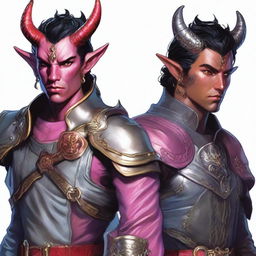 A 25-year-old male tiefling warrior from Dungeons & Dragons with carmine pink skin, medium-sized grey horns from the forehead, heterochromia with a blue iris in the right eye and a red iris in the left eye, a scar on the right eye, short black hair with silver accents, wearing black leather armor with gold adornments, a black cape with wolf fur on the collar, and carrying a longbow