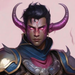 A 25-year-old male tiefling warrior from Dungeons & Dragons with carmine pink skin, medium-sized grey horns from the forehead, heterochromia with a blue iris in the right eye and a red iris in the left eye, a scar on the right eye, short black hair with silver accents, wearing black leather armor with gold adornments, a black cape with wolf fur on the collar, and carrying a longbow