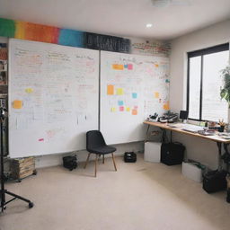 A lively content creator studio with a large whiteboard wall holding 'Lastborn' inscription. The room is filled with colorful accents, motivational quotes plastered on every side, and a corner dedicated to a professional camera and lighting setup ready to record.