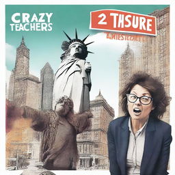 Create a movie poster titled '2 Crazy Teachers' featuring two teachers with messy hair and disheveled clothes