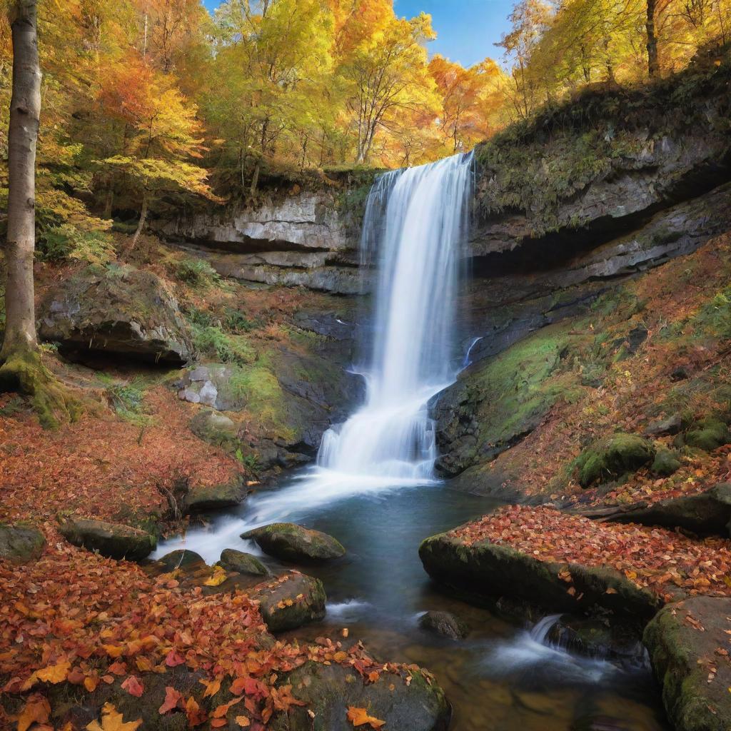 Vibrant autumn forest with a pristine waterfall and fauna around, under the clear blue sky.