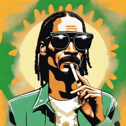 A vintage 1950s poster style drawing of Snoop Dogg smoking weed