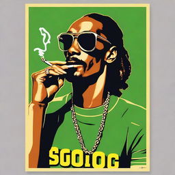 A vintage 1950s poster style drawing of Snoop Dogg smoking weed