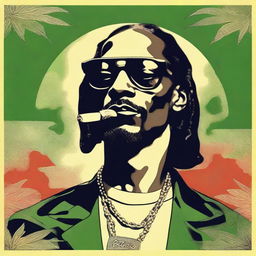 A vintage 1950s poster style drawing of Snoop Dogg smoking weed