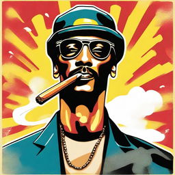 A vintage 1950s poster style drawing of Snoop Dogg smoking a big cigar