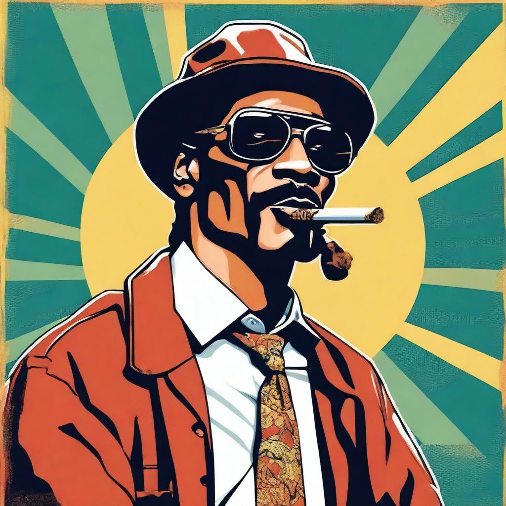 A vintage 1950s poster style drawing of Snoop Dogg smoking a big cigar