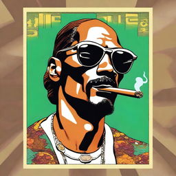 A vintage 1950s poster style drawing of Snoop Dogg smoking a big cigar