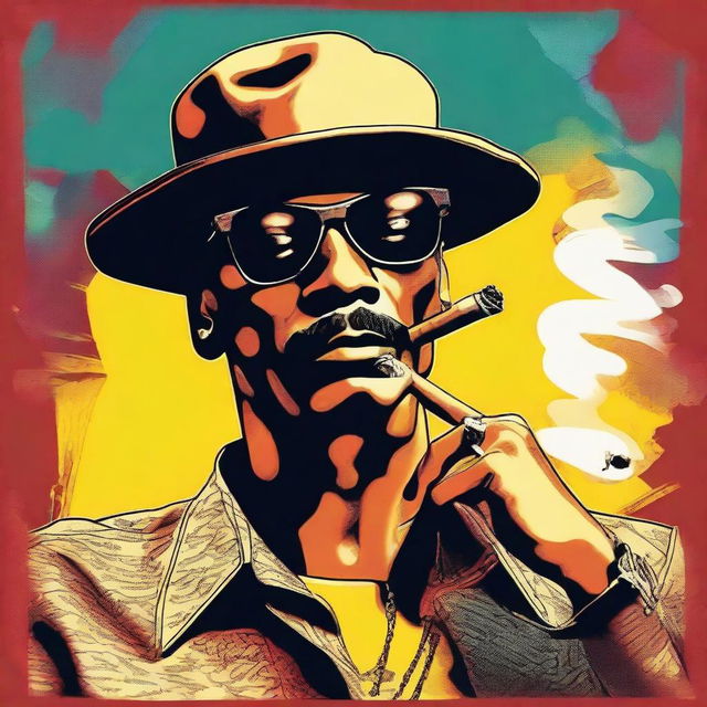 A vintage 1950s poster style drawing of Snoop Dogg smoking a big cigar