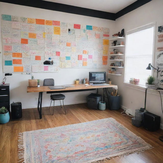 A lively content creator studio with a large whiteboard wall holding 'Lastborn' inscription. The room is filled with colorful accents, motivational quotes plastered on every side, and a corner dedicated to a professional camera and lighting setup ready to record.