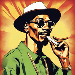 A vintage 1950s poster style drawing of Snoop Dogg smoking a big cigar