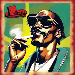 A vintage 1950s poster style drawing of Snoop Dogg smoking a big cigar