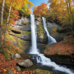 Vibrant autumn forest with a pristine waterfall and fauna around, under the clear blue sky.