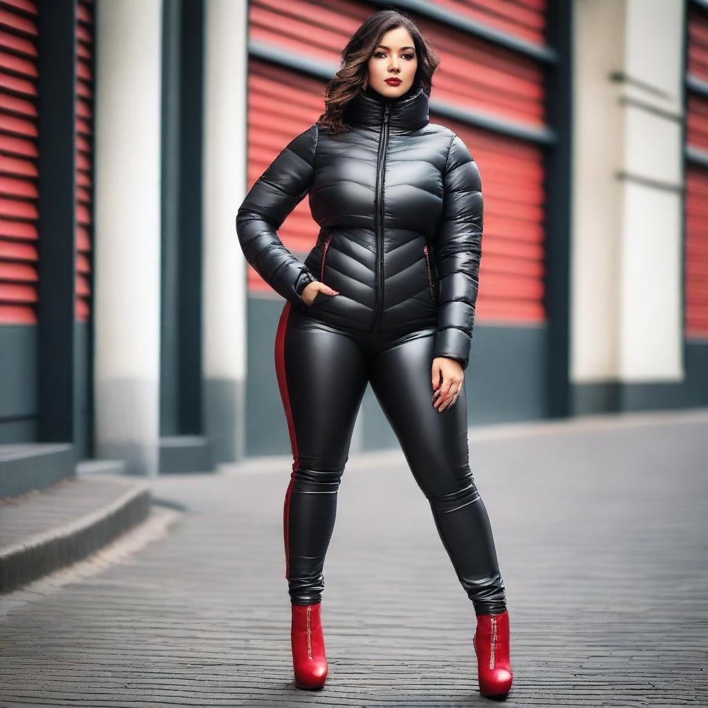 A slim woman with a voluptuous figure wearing a tight black puffer jacket and red leather leggings
