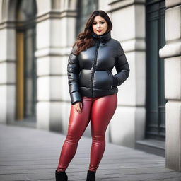 A slim woman with a voluptuous figure wearing a tight black puffer jacket and red leather leggings