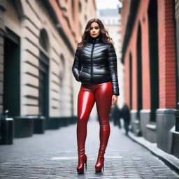 A slim woman with a voluptuous figure wearing a tight black puffer jacket and red leather leggings