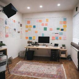 A lively content creator studio with a large whiteboard wall holding 'Lastborn' inscription. The room is filled with colorful accents, motivational quotes plastered on every side, and a corner dedicated to a professional camera and lighting setup ready to record.