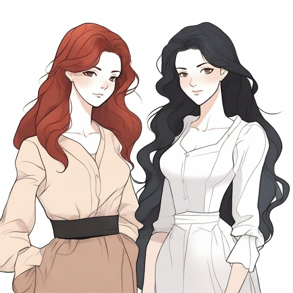 Two women, one with wavy, voluminous red hair and a posture of a powerful businesswoman, and the other, almost pale white with simple black hair, dressed as a peasant