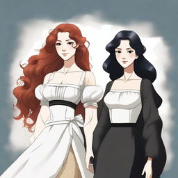 Two women, one with wavy, voluminous red hair and a posture of a powerful businesswoman, and the other, almost pale white with simple black hair, dressed as a peasant