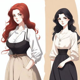 Two women, one with wavy, voluminous red hair and a posture of a powerful businesswoman, and the other, almost pale white with simple black hair, dressed as a peasant