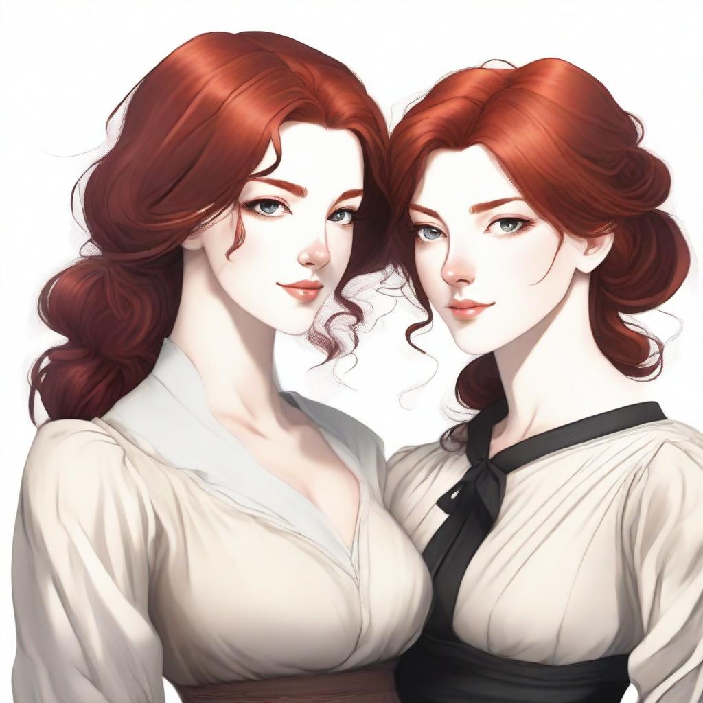 Two women, one with wavy, voluminous red hair and a posture of a powerful businesswoman, and the other, almost pale white with simple black hair, dressed as a peasant