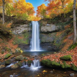 Vibrant autumn forest with a pristine waterfall and fauna around, under the clear blue sky.