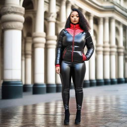 A fashionable woman with a curvy figure, wearing a tight black puffer jacket and red latex leggings