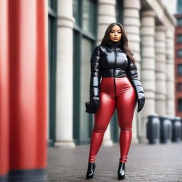 A fashionable woman with a curvy figure, wearing a tight black puffer jacket and red latex leggings