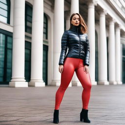 A fashionable woman with a curvy figure, wearing a tight black puffer jacket and red latex leggings