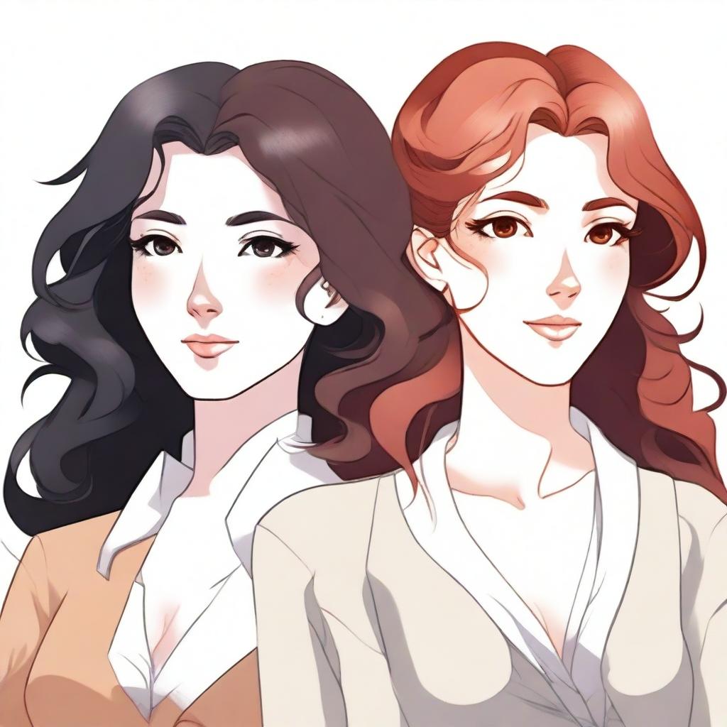 Two women, one with wavy, voluminous red hair and a posture of a powerful businesswoman, and the other, almost pale white with simple black hair, dressed as a peasant