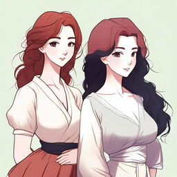 Two women, one with wavy, voluminous red hair and a posture of a powerful businesswoman, and the other, almost pale white with simple black hair, dressed as a peasant