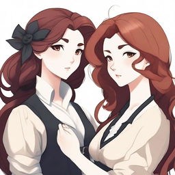 Two women, one with wavy, voluminous red hair and a posture of a powerful businesswoman, and the other, almost pale white with simple black hair, dressed as a peasant