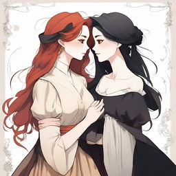 Two women, one with wavy, voluminous red hair and a posture of a powerful businesswoman, and the other, almost pale white with simple black hair, dressed as a peasant