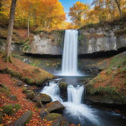 Vibrant autumn forest with a pristine waterfall and fauna around, under the clear blue sky.