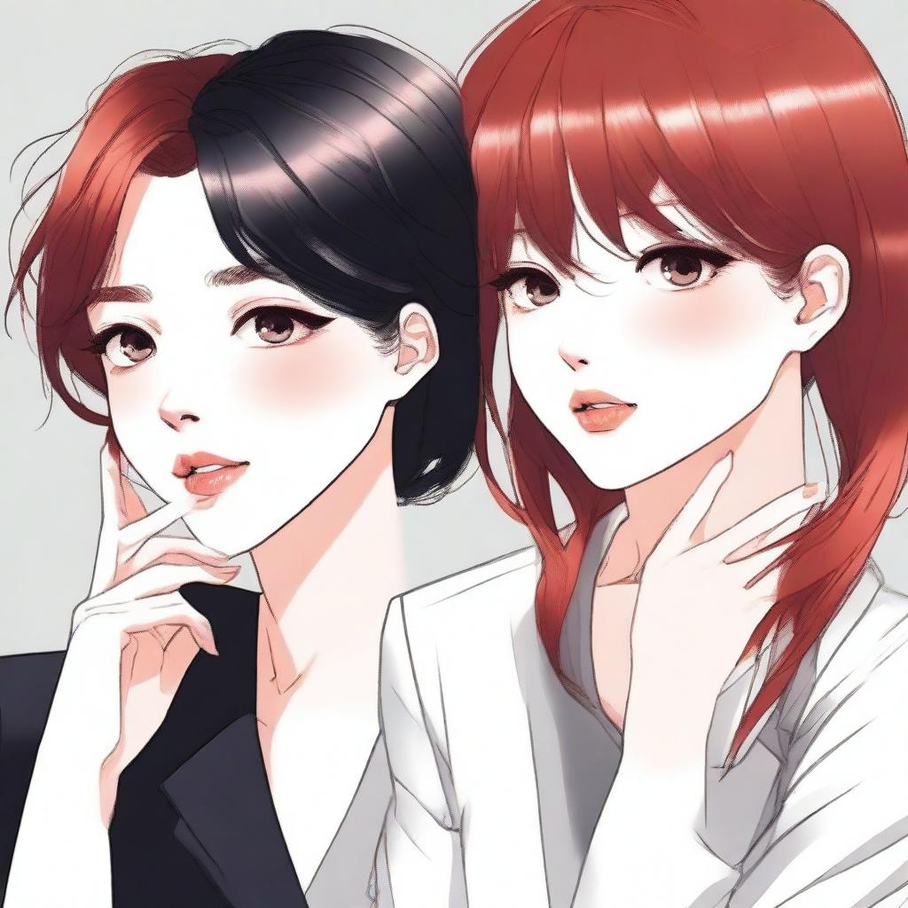 A couple of women in love, one with red hair wearing a suit, and the other with black hair and pale skin