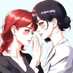 A couple of women in love, one with red hair wearing a suit, and the other with black hair and pale skin